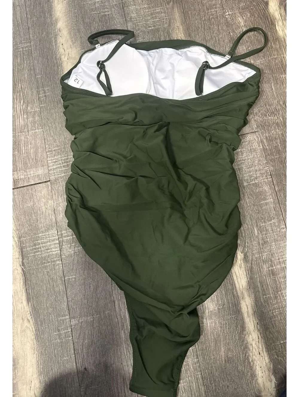Women's Olive Green Ruched One Piece Swimsuit Padded Tummy Control Size 12